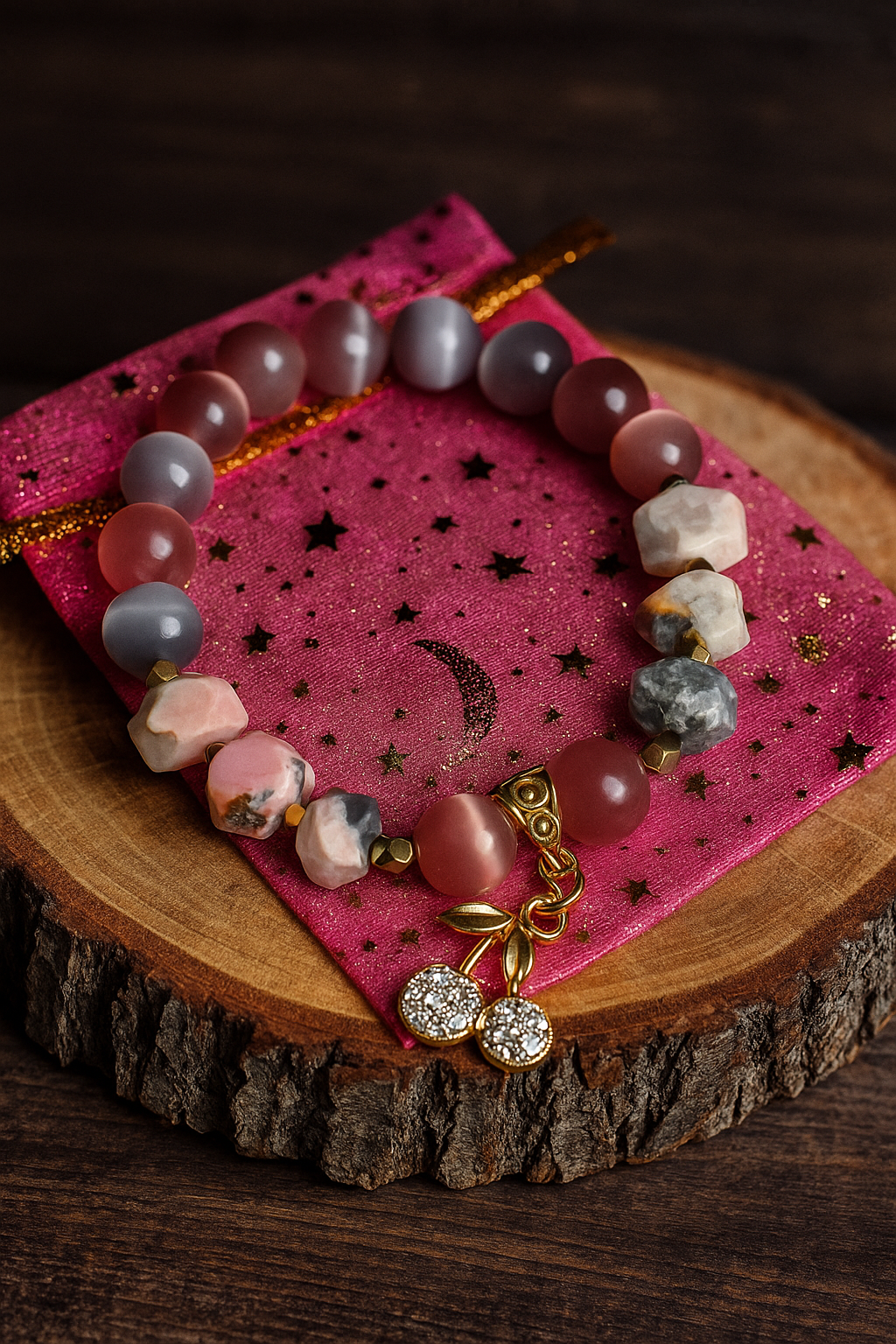 Bracelet “Cherry Dream” Cat’s eye and rhodonite